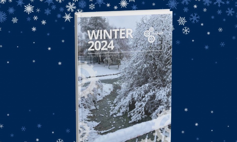 PolyMAT Front Cover of the Winter 2024 Newsletter with blue and white snowflakes